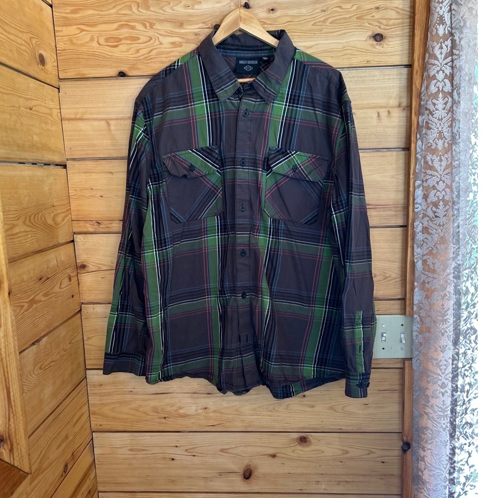 Plaid Button Up Long Sleeve Shirt Mens 2XX-Large Green Brown Harley-Davidson